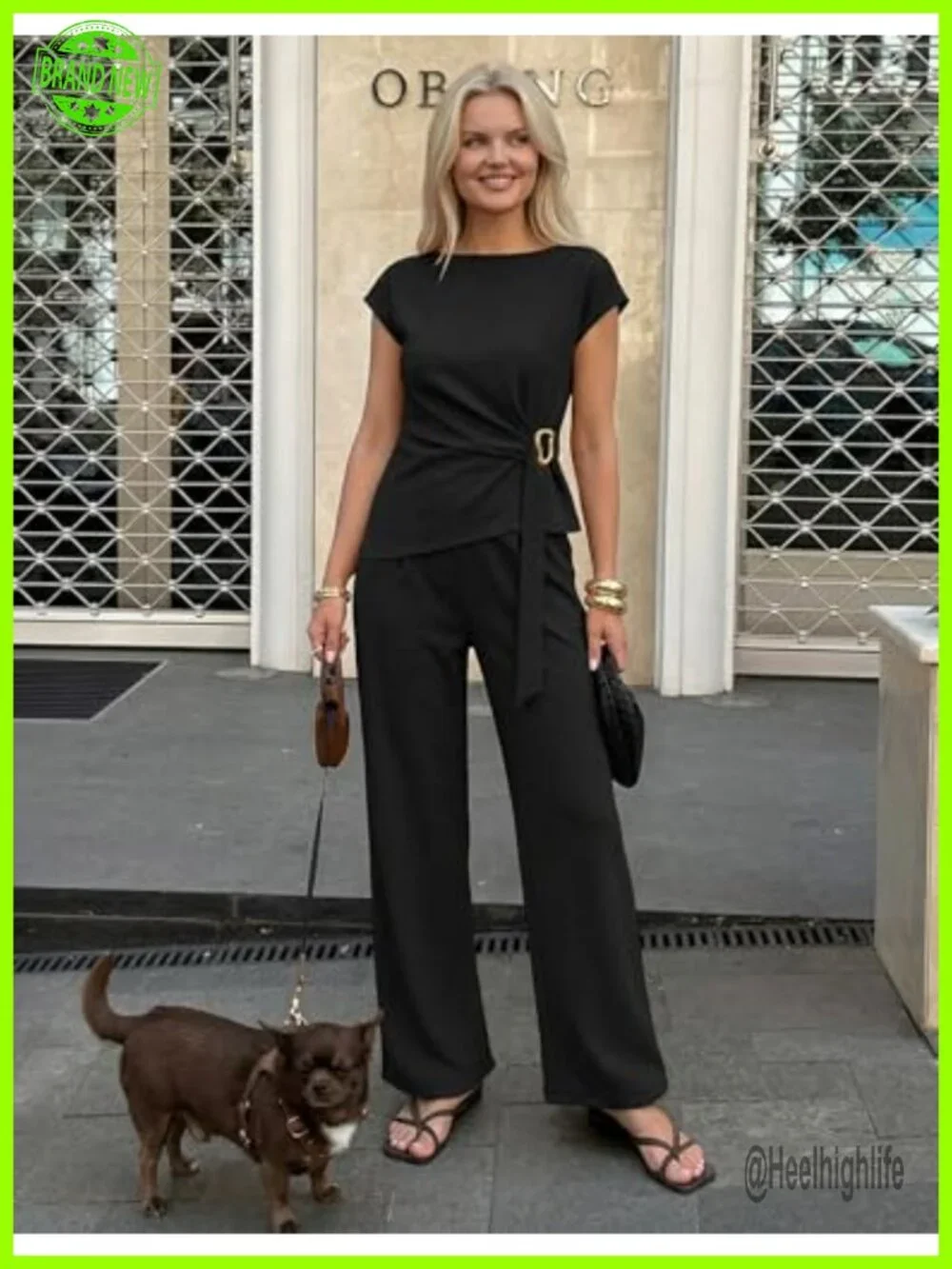 Women's 2 Piece Set - Boat Neck Top & Elastic High Waisted Wide Leg Pants